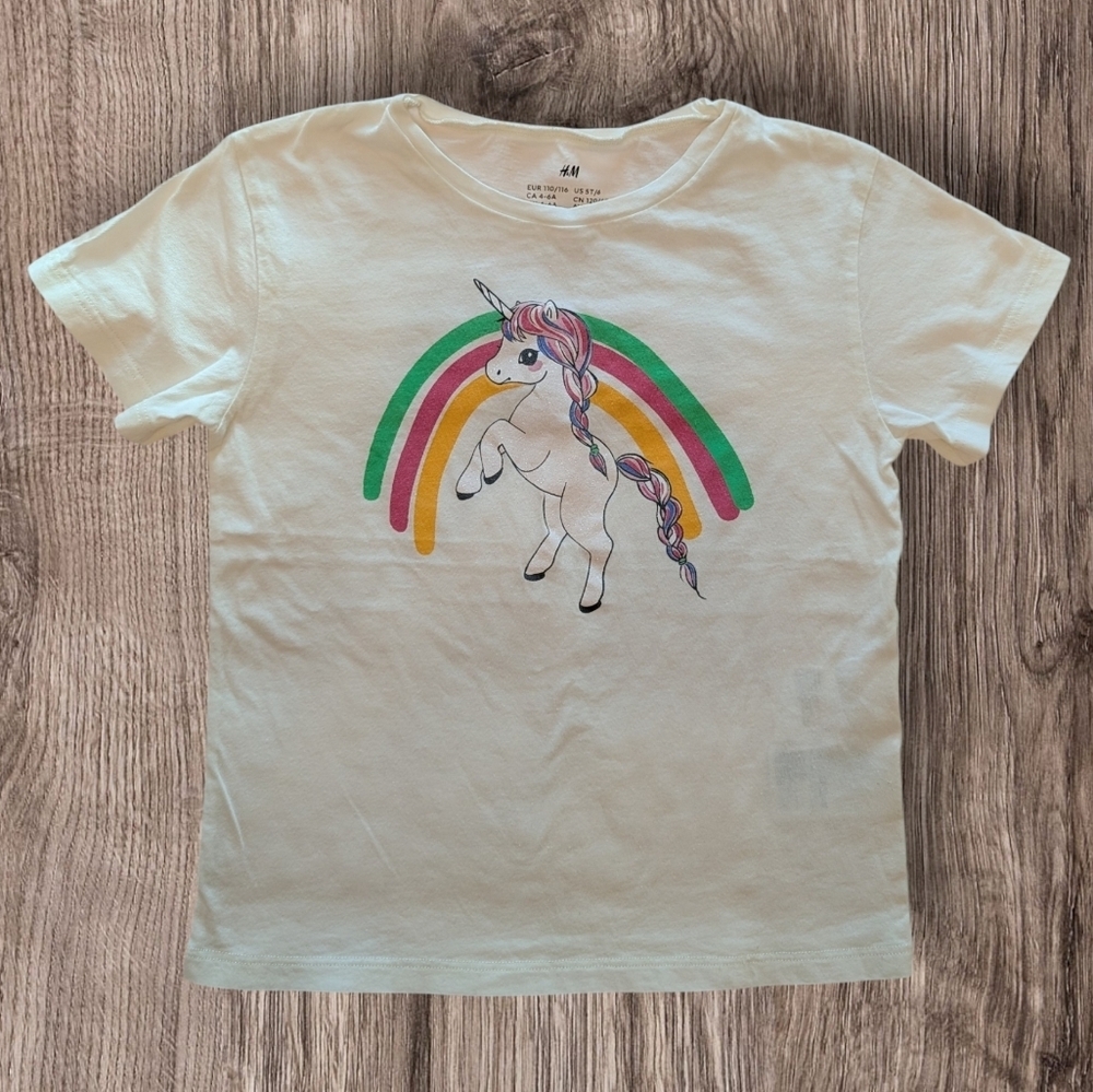 H&M Girls' White Unicorn Rainbow Tee Cotton Size 4-6